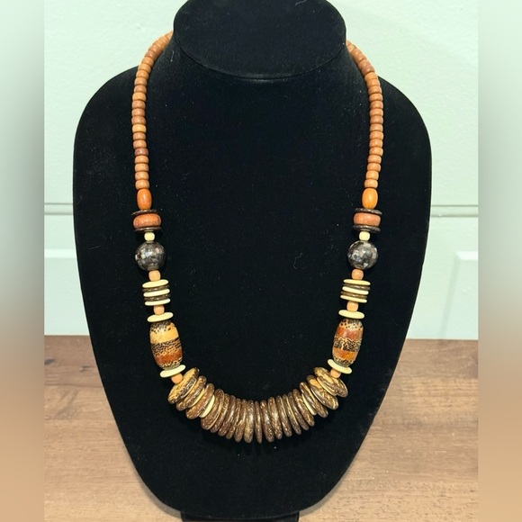 Vintage Wooden Bead Necklace Chunky Boho Ethnic Natural Wood Discs Abstract 24” - Picture 1 of 5